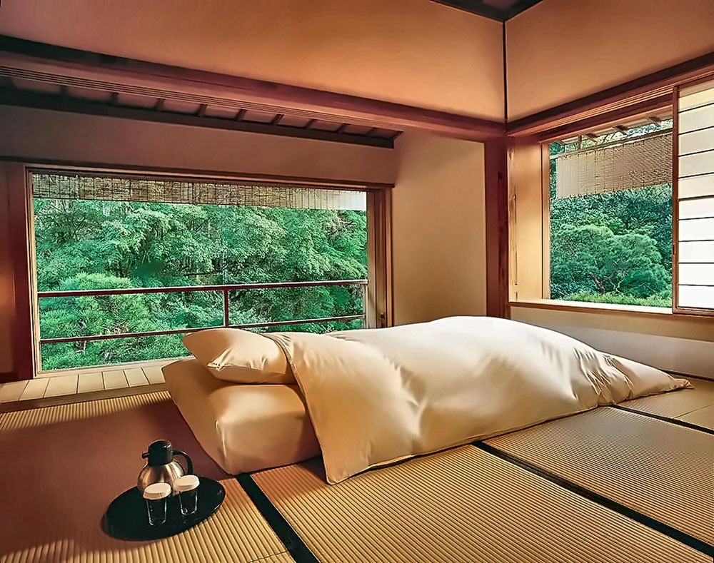 Primary guest room at Asaba — full-room view, natural lighting, clear sightlines, PressBeyond standard