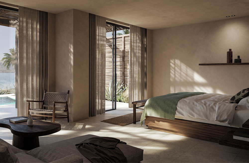 Primary guest room at OKU Bodrum — full-room view, natural lighting, clear sightlines, PressBeyond standard